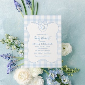 Baby Boy Shower Invitations Soft Blue Gingham Monogram Baby Boy Sprinkle or birthday party invites printed