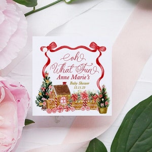 Etiquetas rojas imprimibles para recuerdos de baby shower navideño - Lazo rojo - Baby Shower de jengibre - Etiquetas de agradecimiento - Bebé niña invierno con chispas Bebé niño