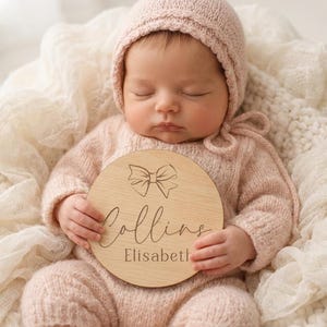 Bow Baby Girl Name Sign: Laser Engraved Birch Wood Announcement