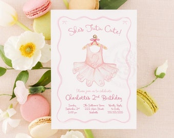 May include: A pink and white invitation with a watercolor illustration of a tutu and the text "She's Tutu Cute!"  Please join us to celebrate Charlotte's 2nd Birthday.  Sunday, September 20, 2:00 pm. The Sullen's Home, 222 Main Street, Nashville.  Warmly Reply to Emily, 555-555-5555.