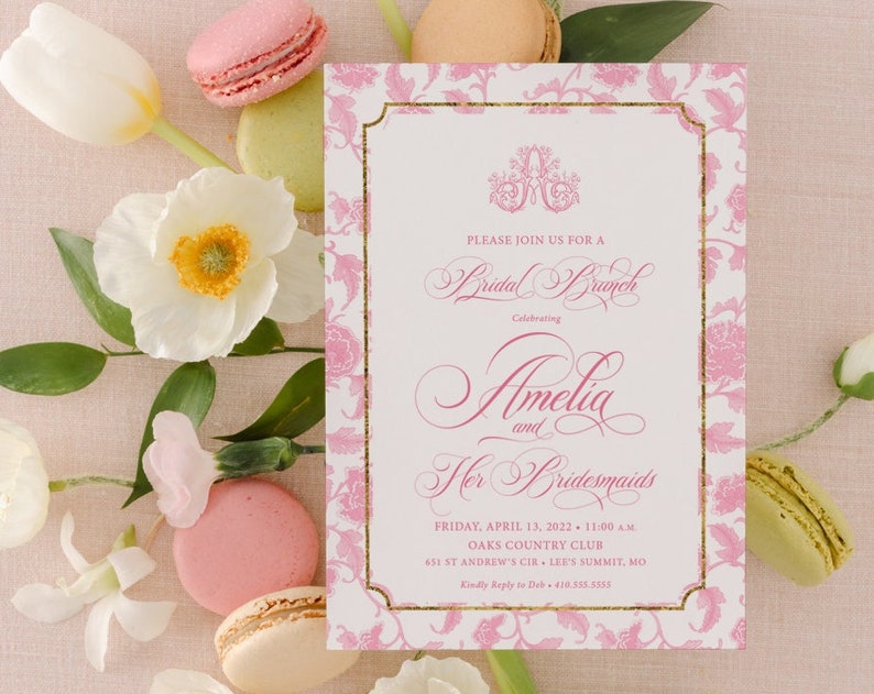 Bridal Brunch Invitations Bridesmaids Luncheon Invitation Chinoiserie Monogram Bridal Shower Invite Classic Invitations