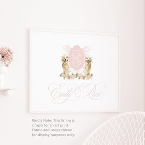 Pink Monogram Crest Wall Art for Nursery - Toddler Girl Room Decor - Golden Retriever Art Print Girl Room Decor - Grandmillenial Girls Room