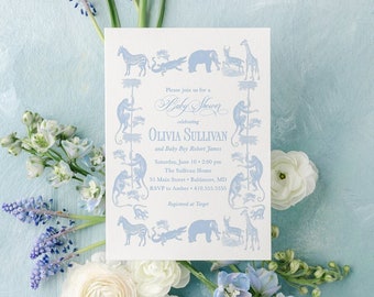 Classic Safari Toile Baby Boy Shower Invitation Safari Animals Boy Baby Sprinkle Traditional - Elephant Monkey Giraffe Zebra Alligator