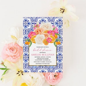 Orange Bridal Shower Invitation  - Printable Invitations - Mimosa Invitation - Orange and Blue Tiles - Bridal Luncheon - Citrus Invites