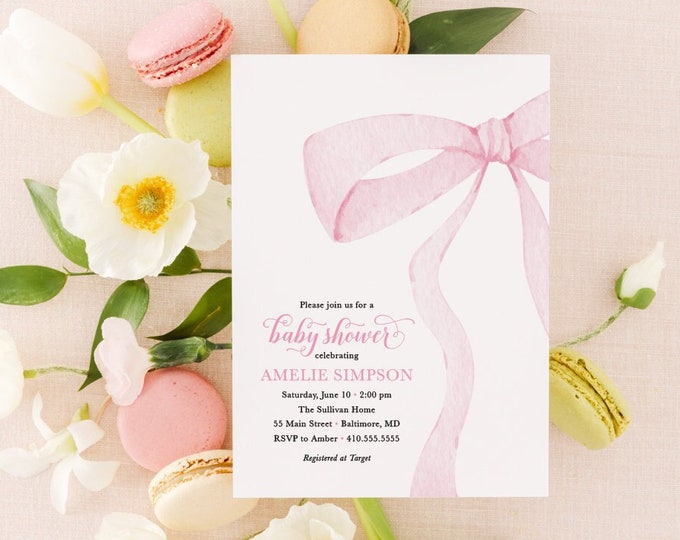 Featured listing image: Preppy Pink Bow Baby Shower Invitation, girl baby shower invitations, baby sprinkle invite, heirloom bow, pink pastel girl birthday party