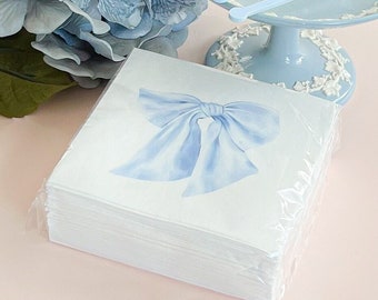Blue Bow Cocktail Napkins Pack of 50 for Baby Boy Shower, Bridesmaids Luncheon, Fancy Tea Party Decor, Boy Baby Sprinkle Birthday Party