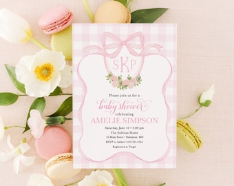 Preppy Pink Monogram Watercolor Crest Baby Shower Invitations with Gingham Bow for Girls