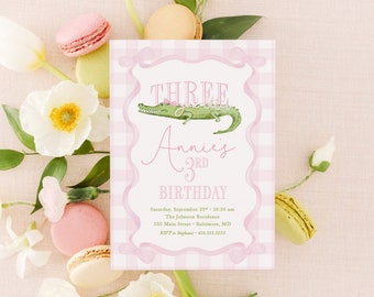 Alligator Birthday Girl Invitations - Crocodile Invitation - Girl 3rd birthday Party - Pink and Green