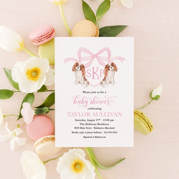 Preppy Watercolor Crest King Cavalier Pink Monogram Bow Baby Shower Etsy