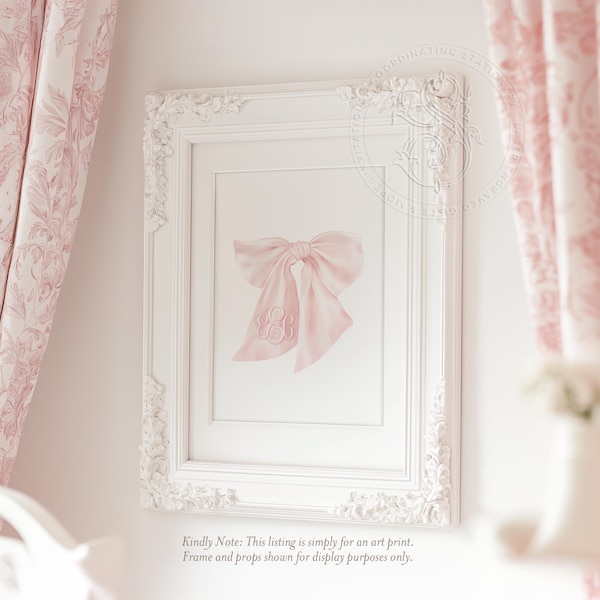 Pink Watercolor Bow Monogram Print: Girl Nursery Wall Art