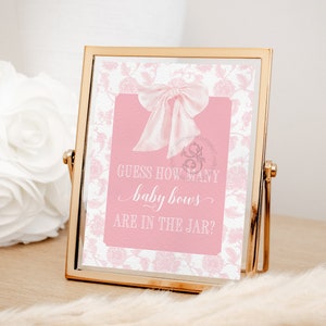 Letrero &quot;Adivina cuántos moños para bebé&quot; para baby shower de niña, imprimible con moño rosa, 8 x 10, con detalles chinos preppy en rosa.