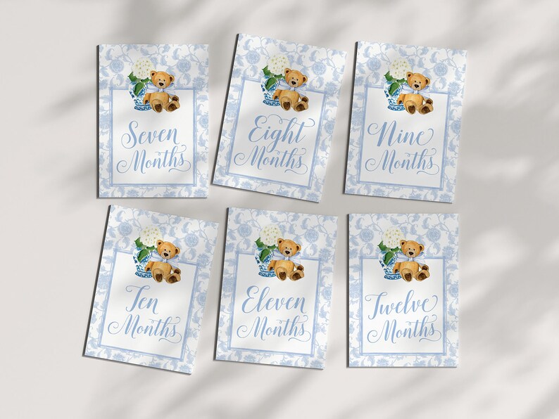 Boy Milestone Cards Printable Teddy Bear Ginger Jar Toile Blue Chinoiserie Baby Month Cards Keepsake Memories Classic Baby Boy image 3