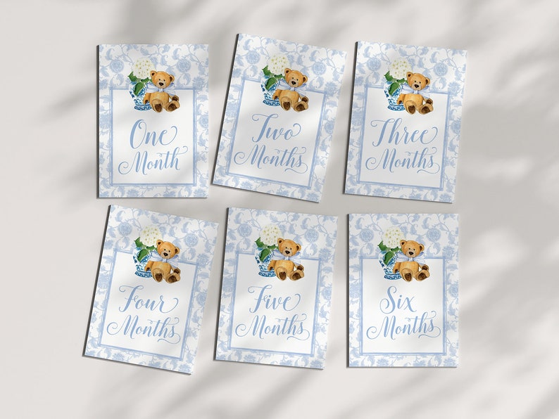 Boy Milestone Cards Printable Teddy Bear Ginger Jar Toile Blue Chinoiserie Baby Month Cards Keepsake Memories Classic Baby Boy image 5