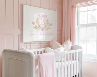 Rocking Horse Monogram Crest: Baby Girl Nursery Art Print