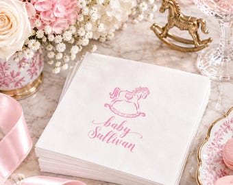 Personalized Pink Rocking Horse Baby Shower Napkins, Baby Girl Cocktail Napkins, Custom Name Shower Decor, Pink Baby Shower
