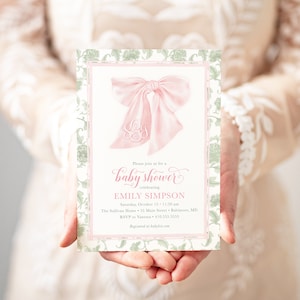 Preppy Southern Pink and Sage Green Bow Monogram Chinoiserie Baby Shower Invitation, Girl Baby Sprinkle Invites Winter, Baby Girl Garden Tea