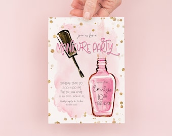 Manicure Birthday Invitation, Spa Party Invitations, Mani Pedi Invites, Girls Spa Invitation, Nail Polish Invite, Pink Glam Tween Party