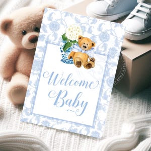 Jungen Meilenstein Karten Druckbare Teddybär Ginger Jar Toile - Blaue Chinoiserie Baby Monatskarten - Andenken Erinnerungen - Klassischer Baby Junge