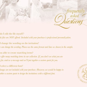 May include: A gold text graphic on a pink background with the text "frequently asked Questions". The text is in a decorative script font. The graphic is surrounded by a blurred image of a couple.