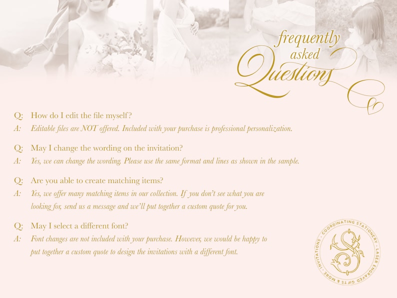 May include: A gold text graphic on a pink background with the text "frequently asked Questions". The text is in a decorative script font. The graphic is surrounded by a blurred image of a couple.