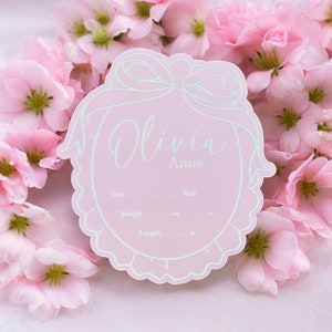 Pink Ribbon Bow Name Sign Personalized Hospital Birth Announcement, Baby Gift, Baby Photo Prop Birth Stats, Birth Statistics