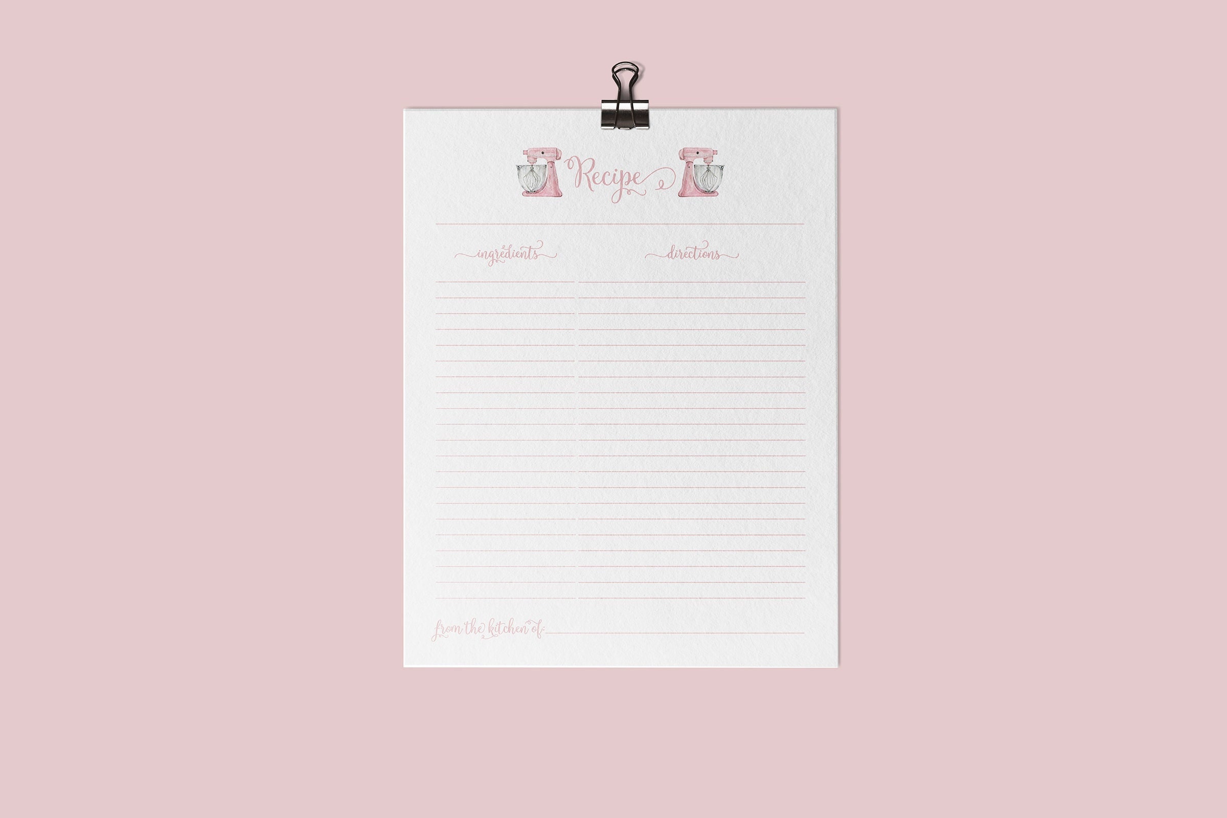 Recipe Cards Printable - Pink Stand Mixer Recipe Card - Recipes for Bride to Be - Kitchen Utensils - Instant Download - Printable