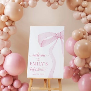Letrero de bienvenida para baby shower con lazo rosa de acuarela - Lazo rosa elegante - Letrero para baby shower - Letrero impreso de 18 x 24" - Póster de bienvenida