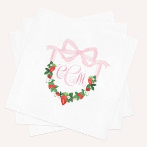 Berry Sweet Strawberry Monogram Napkins for Girl Baby Shower or Birthday Party, Pink Bow Monogram Crest Paper Napkins, Cocktail Napkins