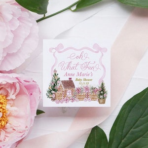 Etiquetas imprimibles para recuerdos de baby shower de niña en color rosa con lazo rosa, etiquetas de agradecimiento para baby shower de jengibre, etiquetas con chispas de invierno para niña.
