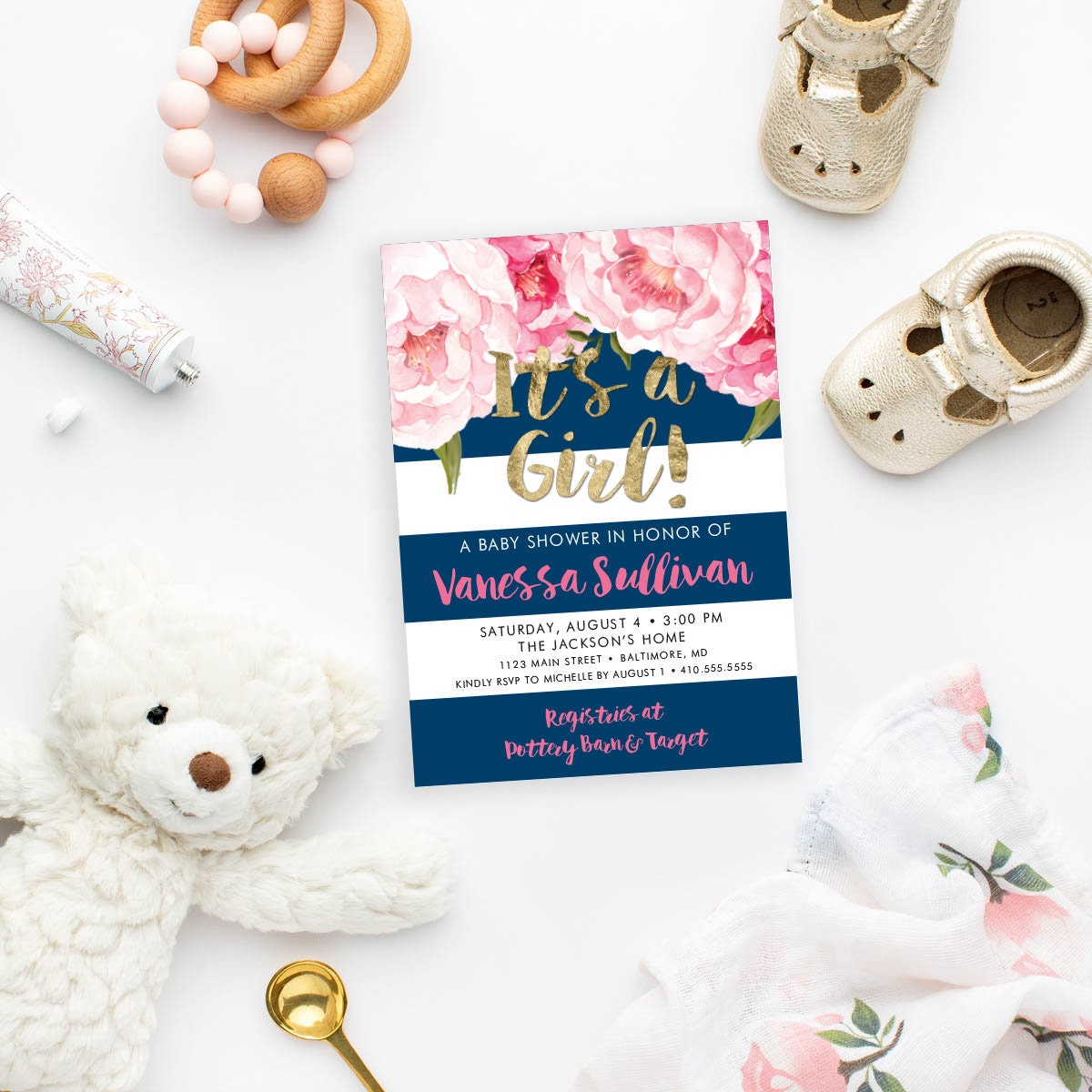 Pink And Navy Stripe Floral Baby Shower Invitation