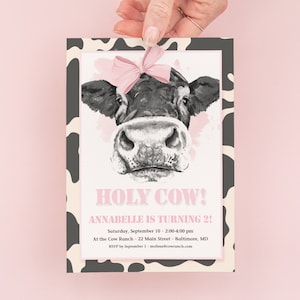 Holy Cow Invites - First Birthday Party Invitations - Girl Cow Farm Party Invite - Girl Birthday Invitation - Cow Birthday Printable