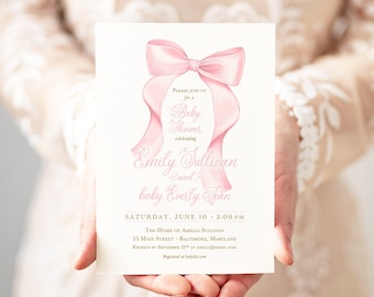 Pink Bow Girl Baby Shower Invitations, Grandmillenial Bows, Baby Girl Sprinkle, Whimsical Fancy Garden Tea Party 1st Birthday, Printed
