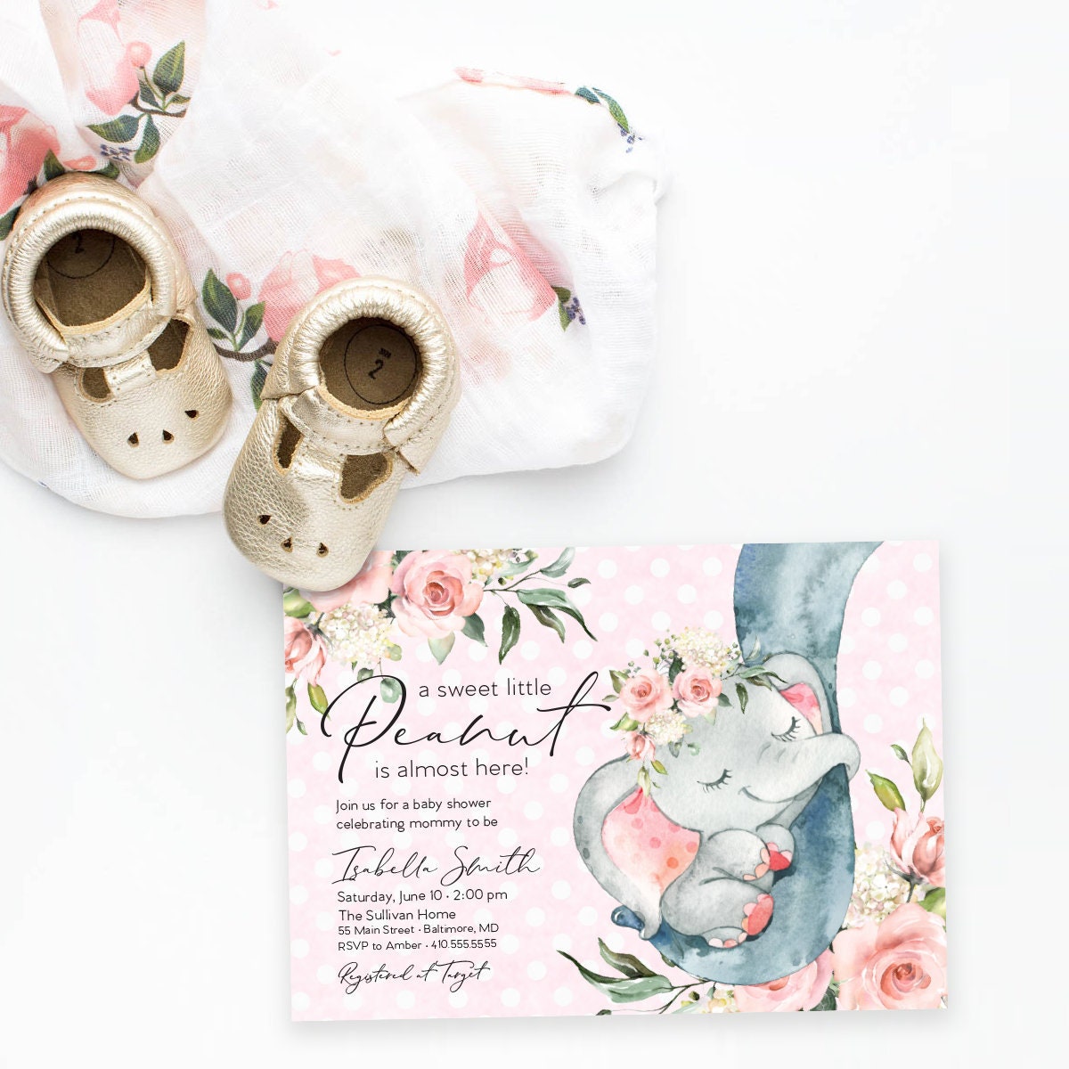 Pink Floral Elephant Baby Shower Invitation - It's a Girl ...