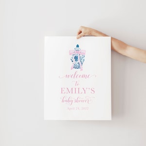 Chinoiserie Willkommensschild, Ingwerglas mit Schleife, Babyparty, Brautparty, Baby-Brunch, Brautbrunch, Brunch für Baby, Aquarell-Schild