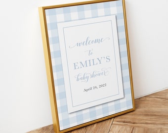 Babyparty Willkommensschild Blau Gingham