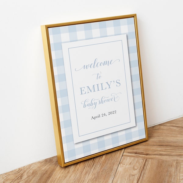 Preppy Blue Gingham Baby Shower Welcome Sign