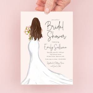 Bridal Shower Invitations - Brunette Bride Invite - Bridal Luncheon - Bridal Tea - Bridesmaids Brunch - Printable - Bride in Gown