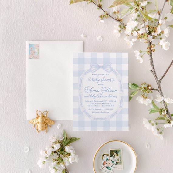 Blue Gingham Baby Shower Invitation: Classic Bow Design (Digital)