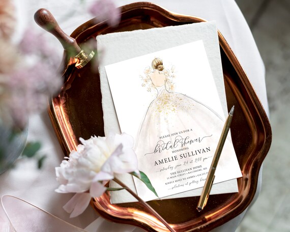 bridal shower wedding dress invitations Amazon.com: Floral Wedding Dress Bridal Shower Invitation, Here comes the  bride : Home & Kitchen