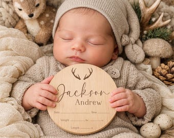Antler Baby Boy Birth Announcement Sign: Engraved Wood Stats