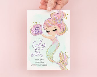 Pastel Mermaid Birthday Invitation: Under the Sea Theme (5x7) (Digital File)