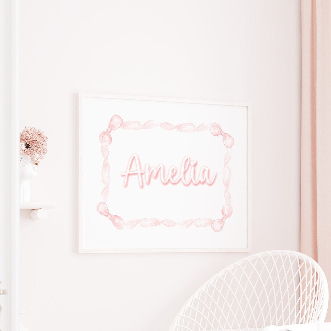 Girl Name Wall Art Nursery Personalized Watercolor Pink Bow Coquette
