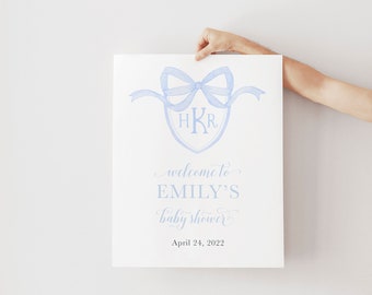 Preppy Monogram Blue Baby Shower Welcome Sign - First Birthday Welcome Sign