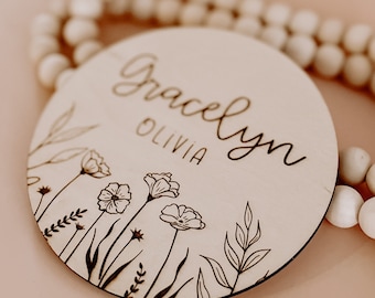 Floral Engraved Baby Name Announcement Sign: Wood Photo Prop