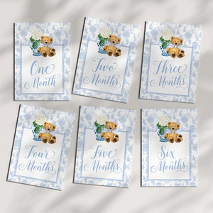 Boy Milestone Cards Printable Teddy Bear Ginger Jar Toile Blue Chinoiserie Baby Month Cards Keepsake Memories Classic Baby Boy image 2