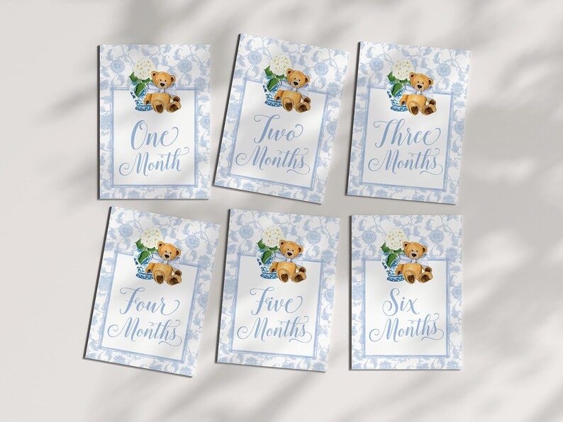 Boy Milestone Cards Printable Teddy Bear Ginger Jar Toile Blue Chinoiserie Baby Month Cards Keepsake Memories Classic Baby Boy image 2