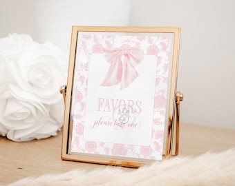 Favors Sign for Girl Baby Shower Printable with Pink Bow - Printable 8x10 - Preppy Pink Chinoiserie Baby Sprinkle