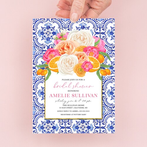 Pink Orange Bridal Shower Invitation Template Hot Pink Floral Etsy