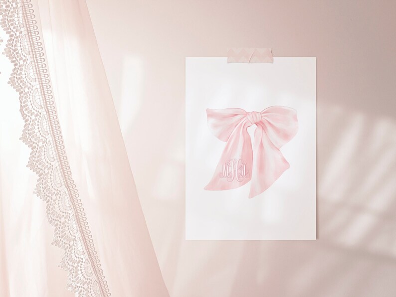 May include: A pink watercolor illustration of a large bow with the monogram "MGC" embroidered on it. The bow is on a white background.