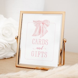 Cards and Gifts Sign for Girl Baby Shower Printable with Pink Bow - Printable 8x10 - Preppy Pink Watercolor Bow Baby Sprinkle